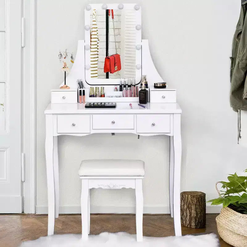 Coiffeuse avec boîte de rangement amovible et 10 ampoules dimmables à interrupteur tactile