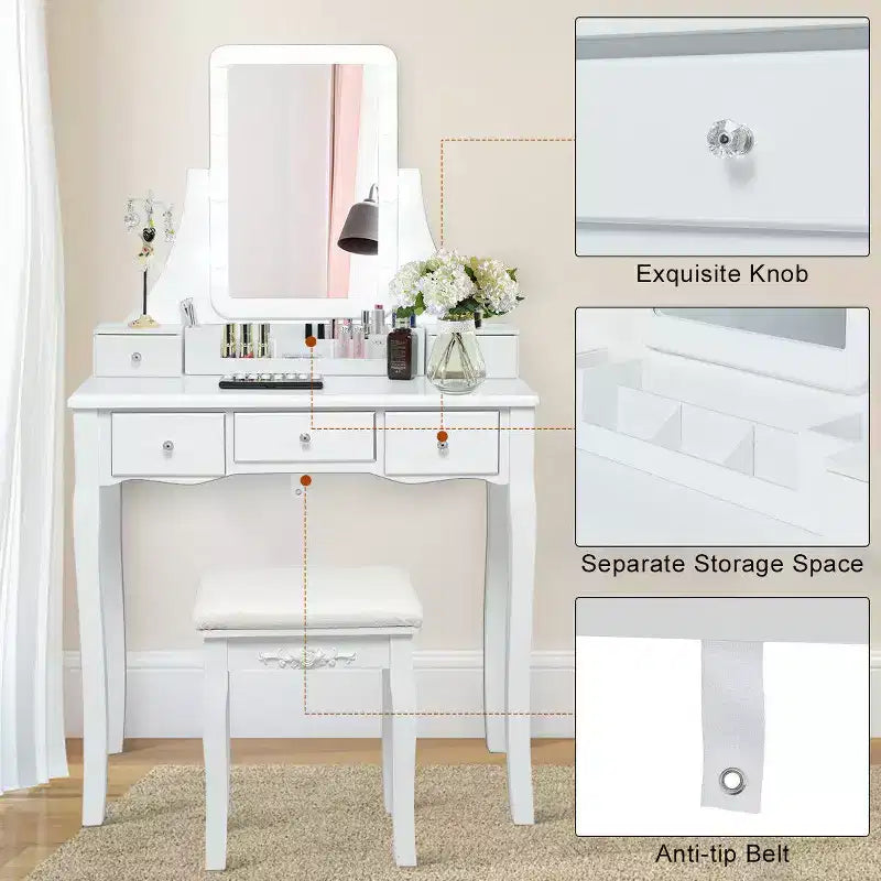 Coiffeuse avec boîte de rangement amovible et 10 ampoules dimmables à interrupteur tactile
